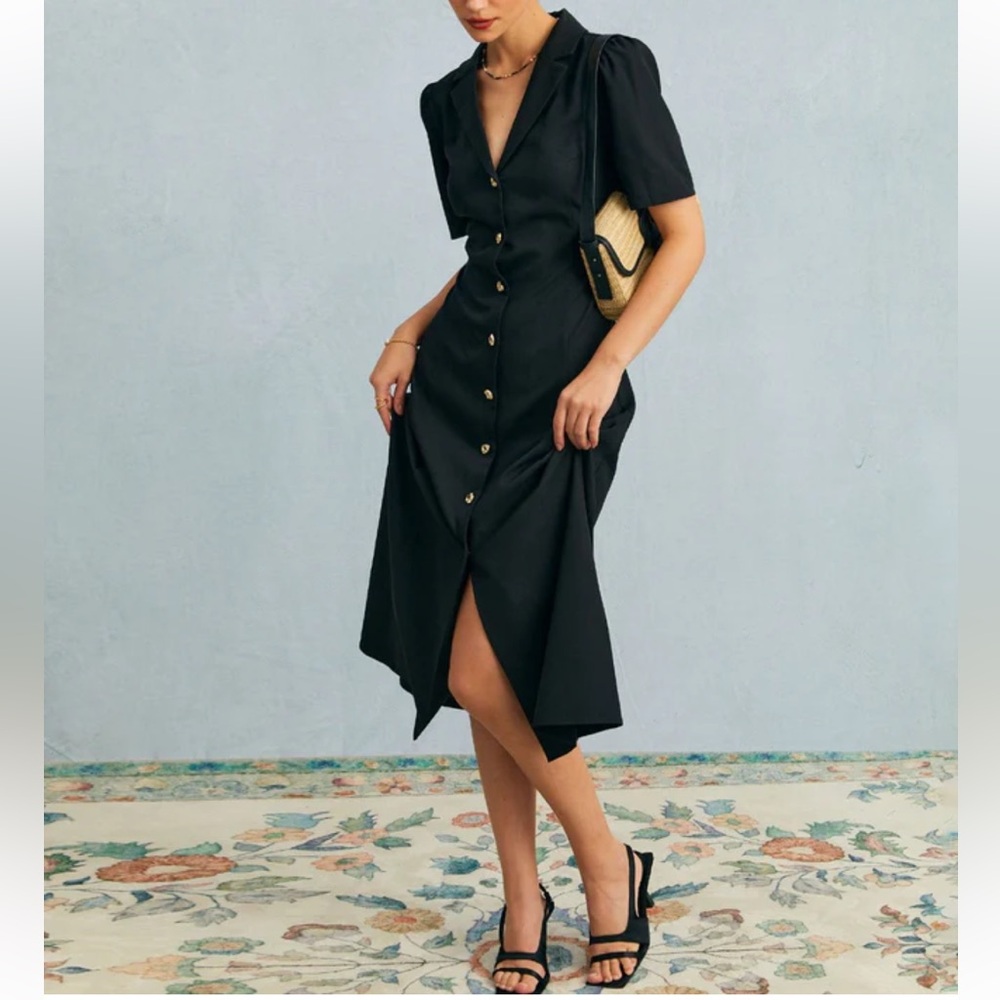 Rihoas The Black V Neck Button Puff Sleeve Midi Dress - Picture 4 of 7